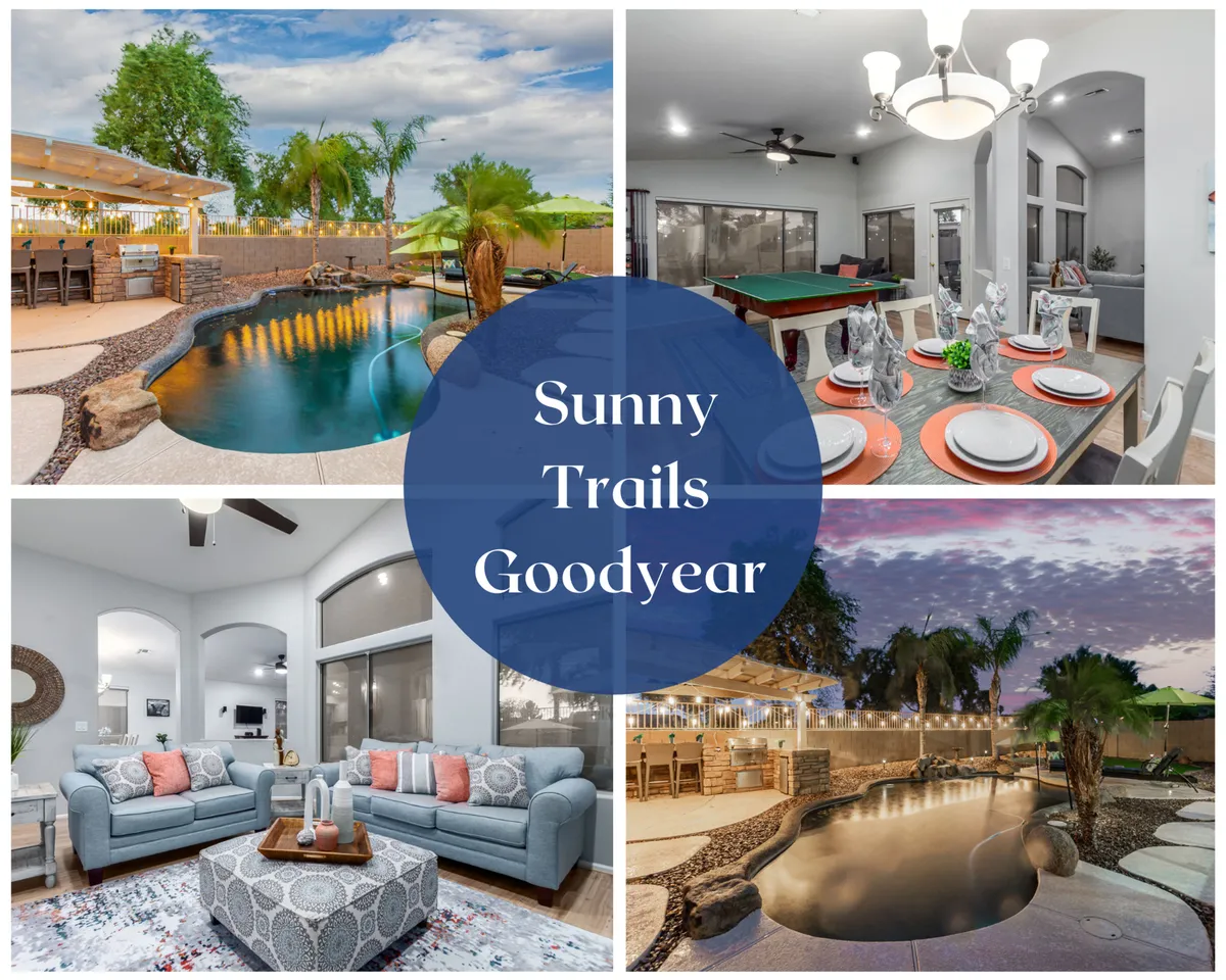 The image showcases the home's stunning backyard: a sparkling swimming pool is the central feature, surrounded by comfortable outdoor seating and a dining table set for alfresco meals. The open living room, visible through large windows, blends indoor and outdoor living, while the sunset casts a warm glow over the entire scene, evoking a sense of relaxation and joyful gathering.